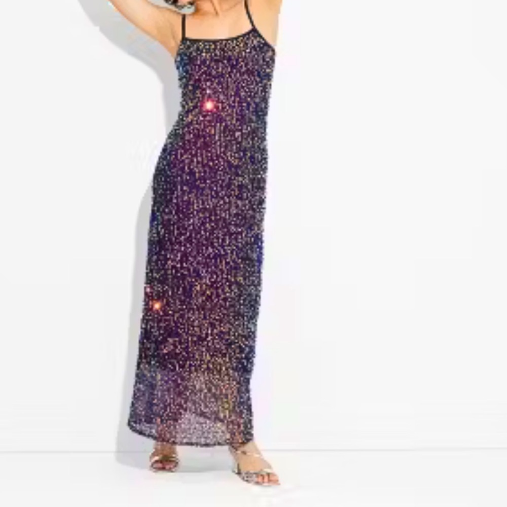 Wild Fable dress Navy iridescent sequin spaghetti strap gown new size XS